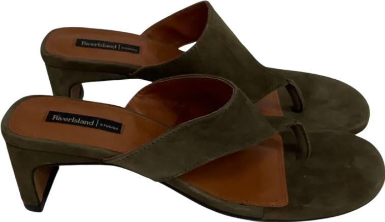 River Island Green Khaki Suede Block Heeled Mule Sandal UK 5 EU 38 👠