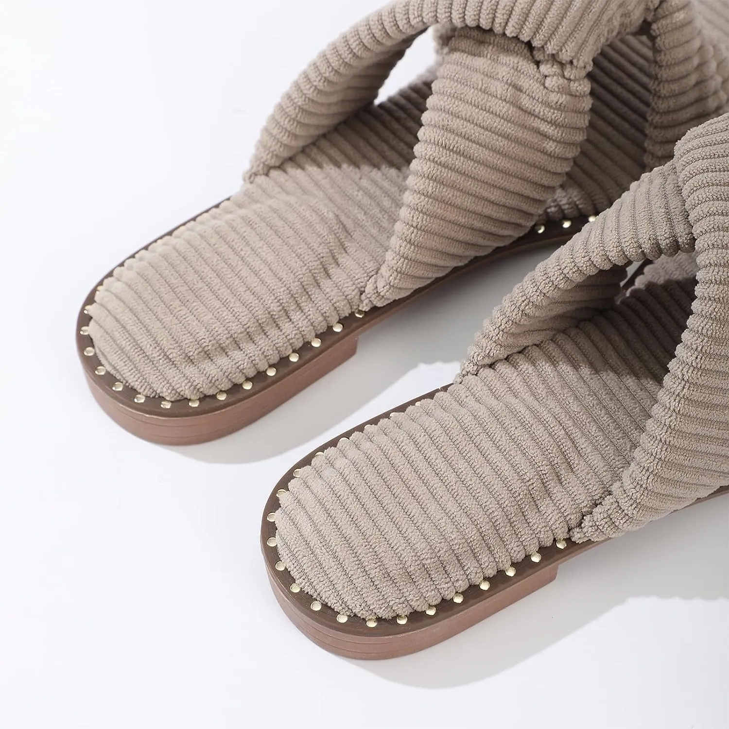 Roxoni Velvet Piping Flat Sandals for Women - Stylish Studs Around Outsole, Dressy Footwear for Summer Ideal