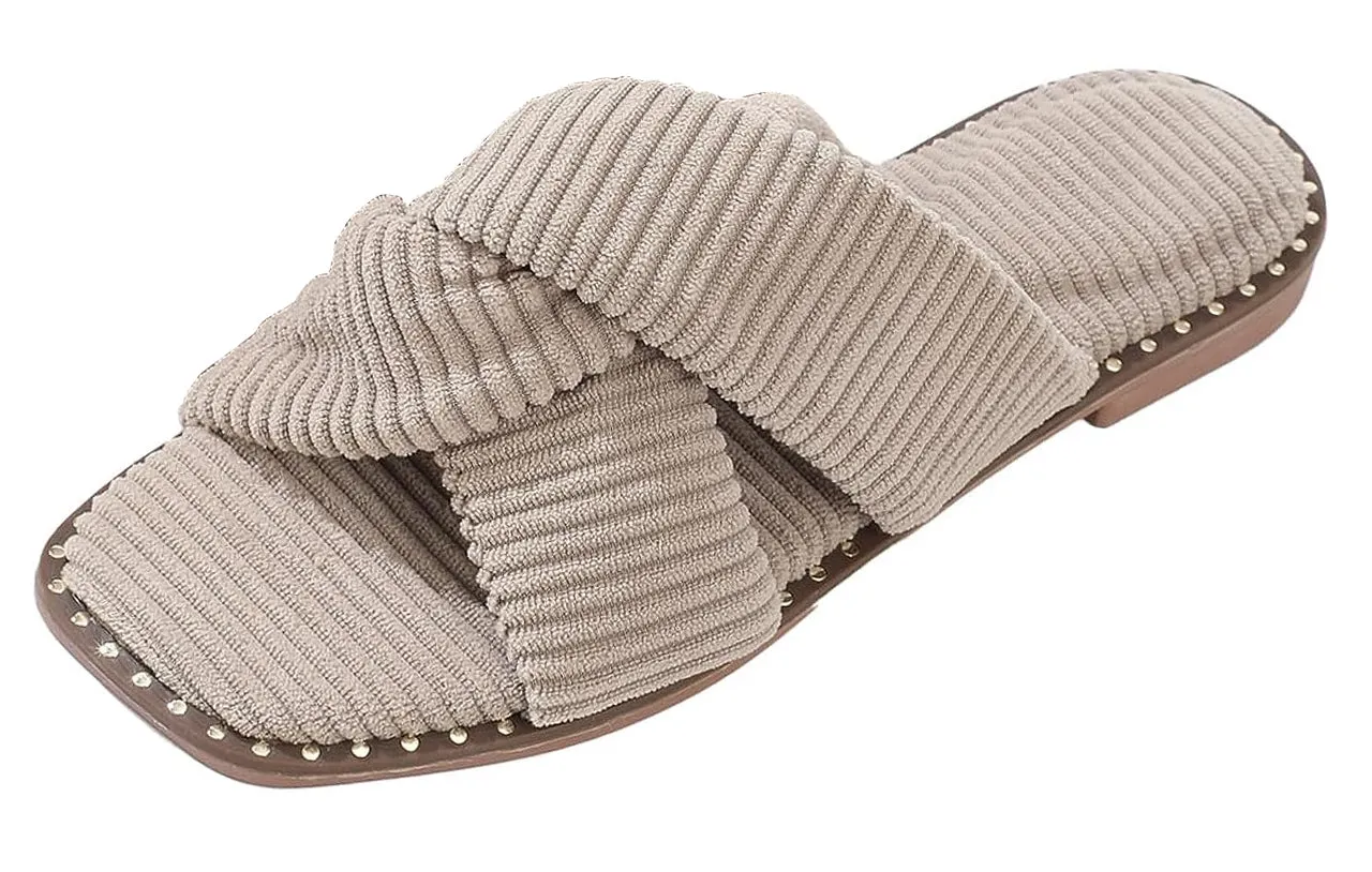 Roxoni Velvet Piping Flat Sandals for Women - Stylish Studs Around Outsole, Dressy Footwear for Summer Ideal
