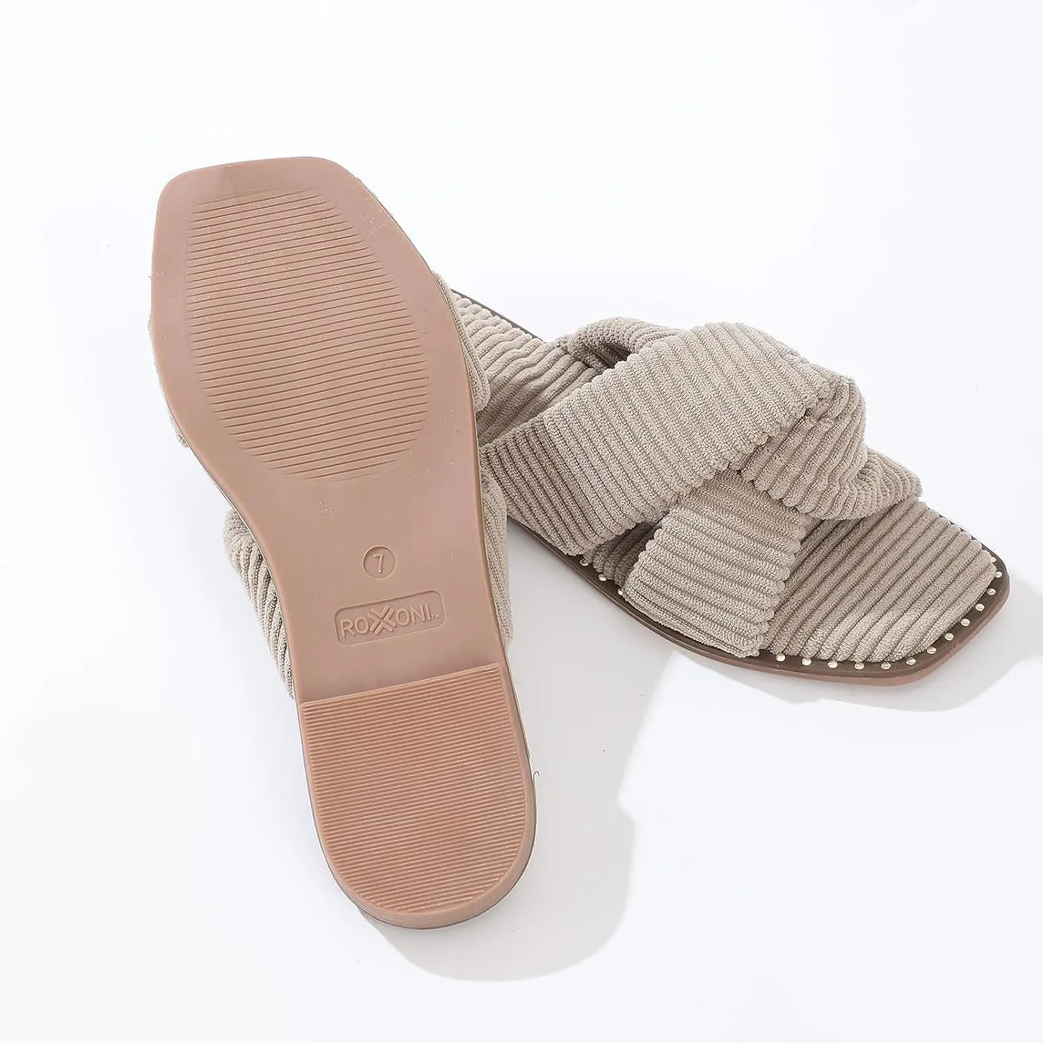 Roxoni Velvet Piping Flat Sandals for Women - Stylish Studs Around Outsole, Dressy Footwear for Summer Ideal