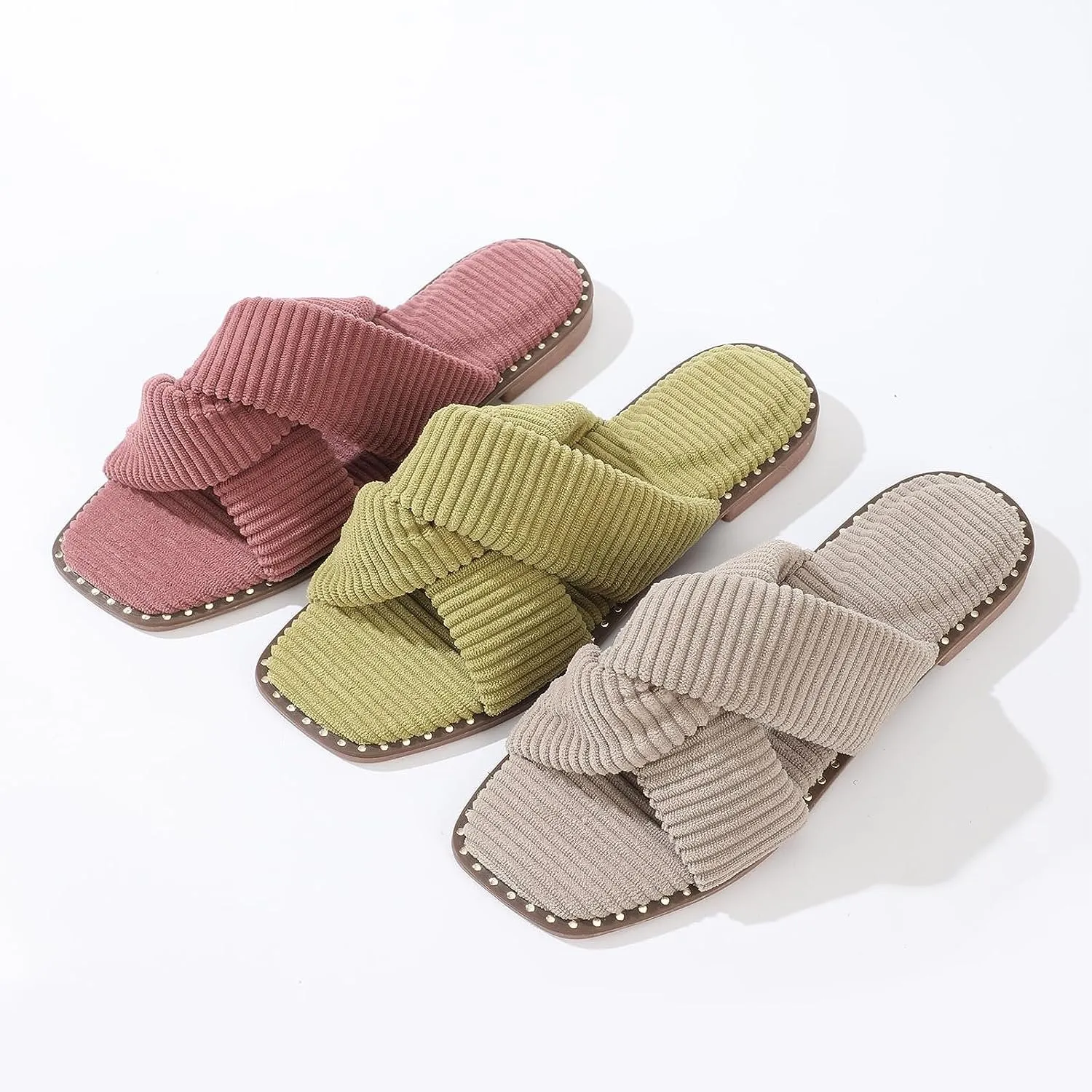 Roxoni Velvet Piping Flat Sandals for Women - Stylish Studs Around Outsole, Dressy Footwear for Summer Ideal