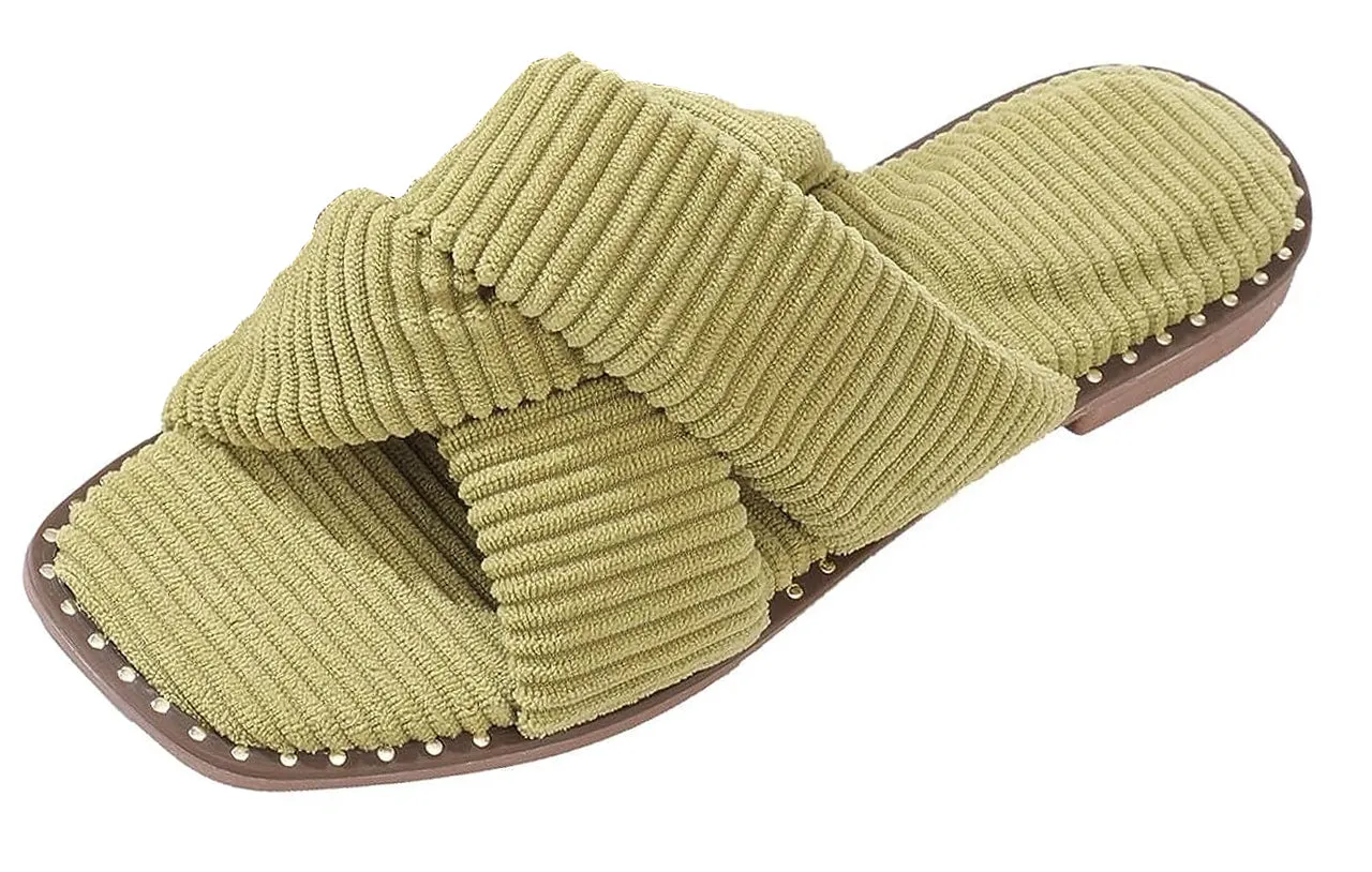 Roxoni Velvet Piping Flat Sandals for Women - Stylish Studs Around Outsole, Dressy Footwear for Summer Ideal