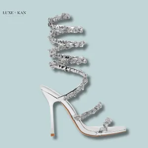 SIMMI SHOES COSMIC SILVER MIRROR DIAMANTE SPIRAL SANDALS
