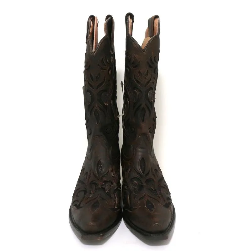 Stetson Cowboy Boots Brown Cutout Leather & Lace Size 7 NEW