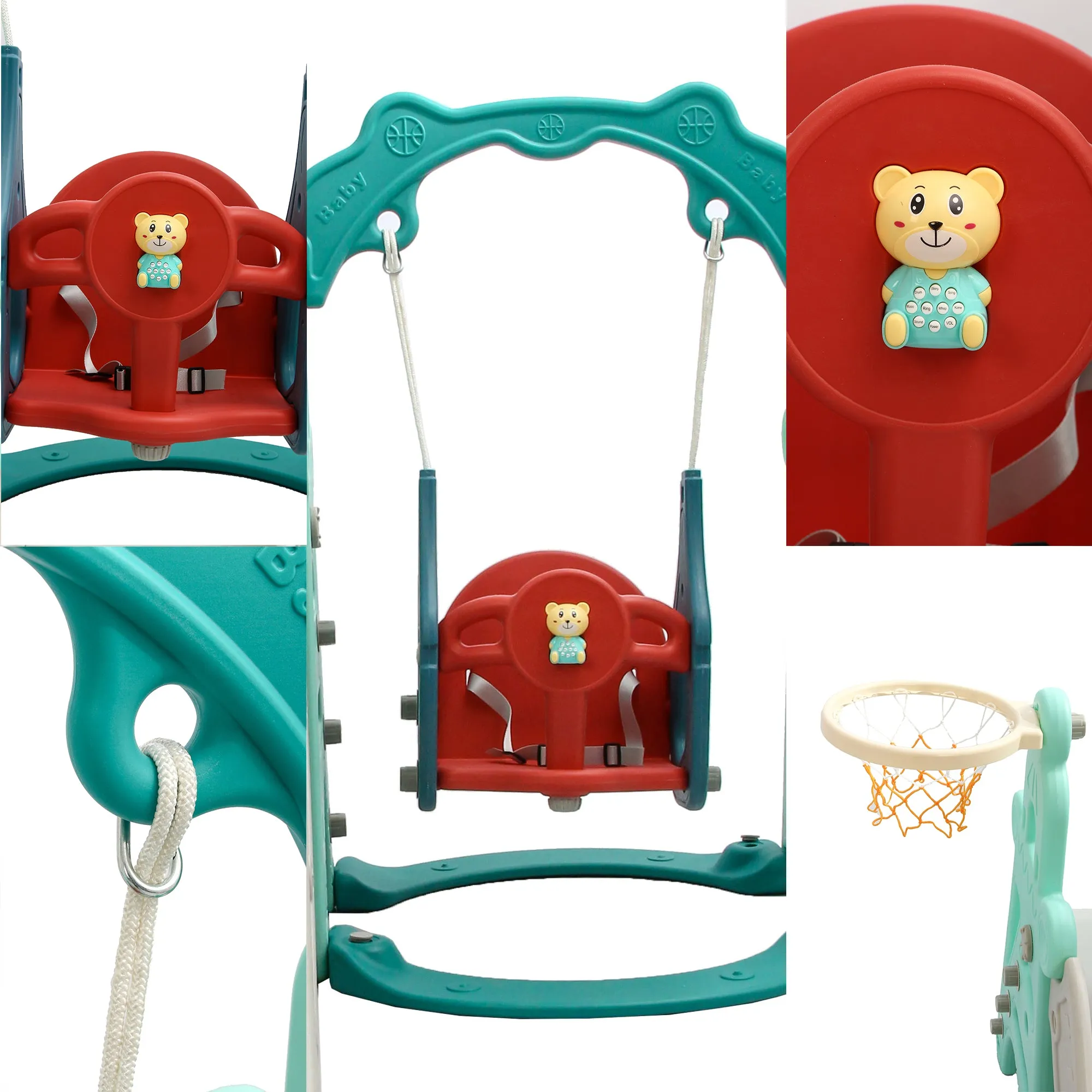 Tower 4 in 1 Kids Slide and Swing Set | Basketball Hoop | Music | Green