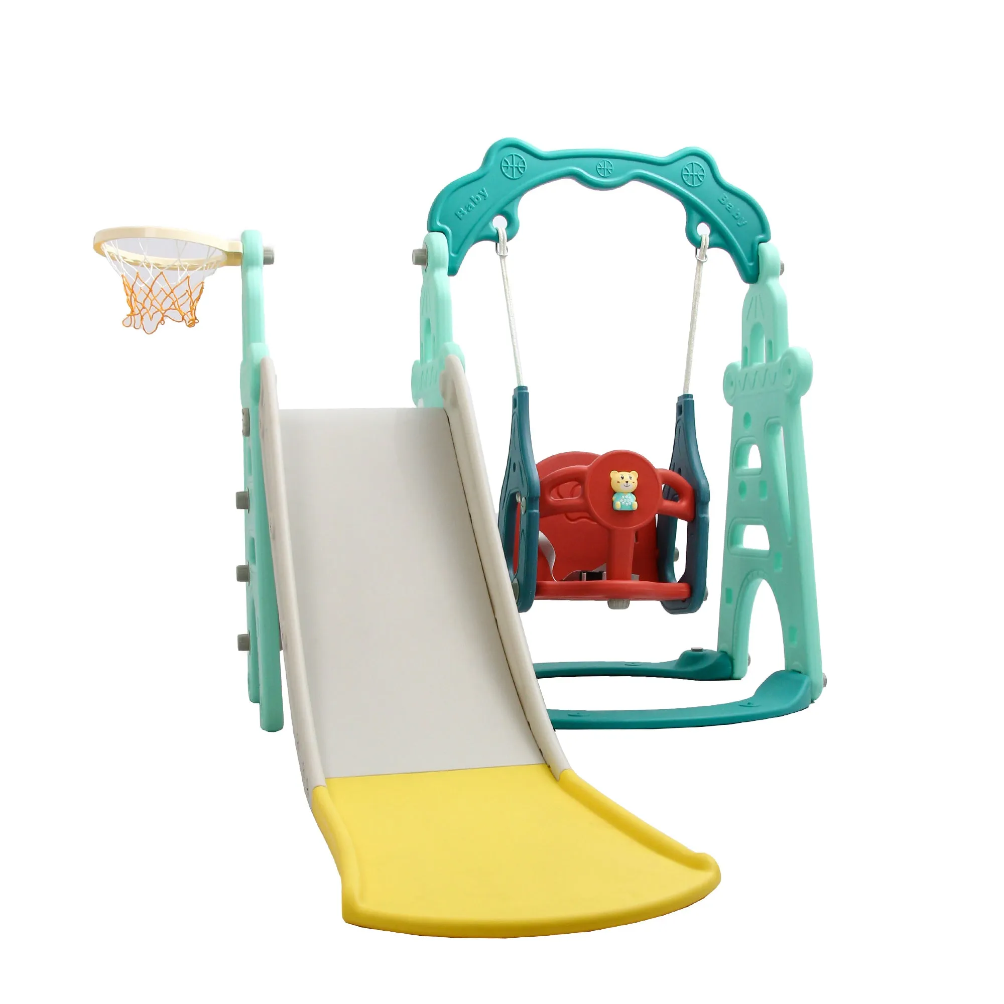Tower 4 in 1 Kids Slide and Swing Set | Basketball Hoop | Music | Green