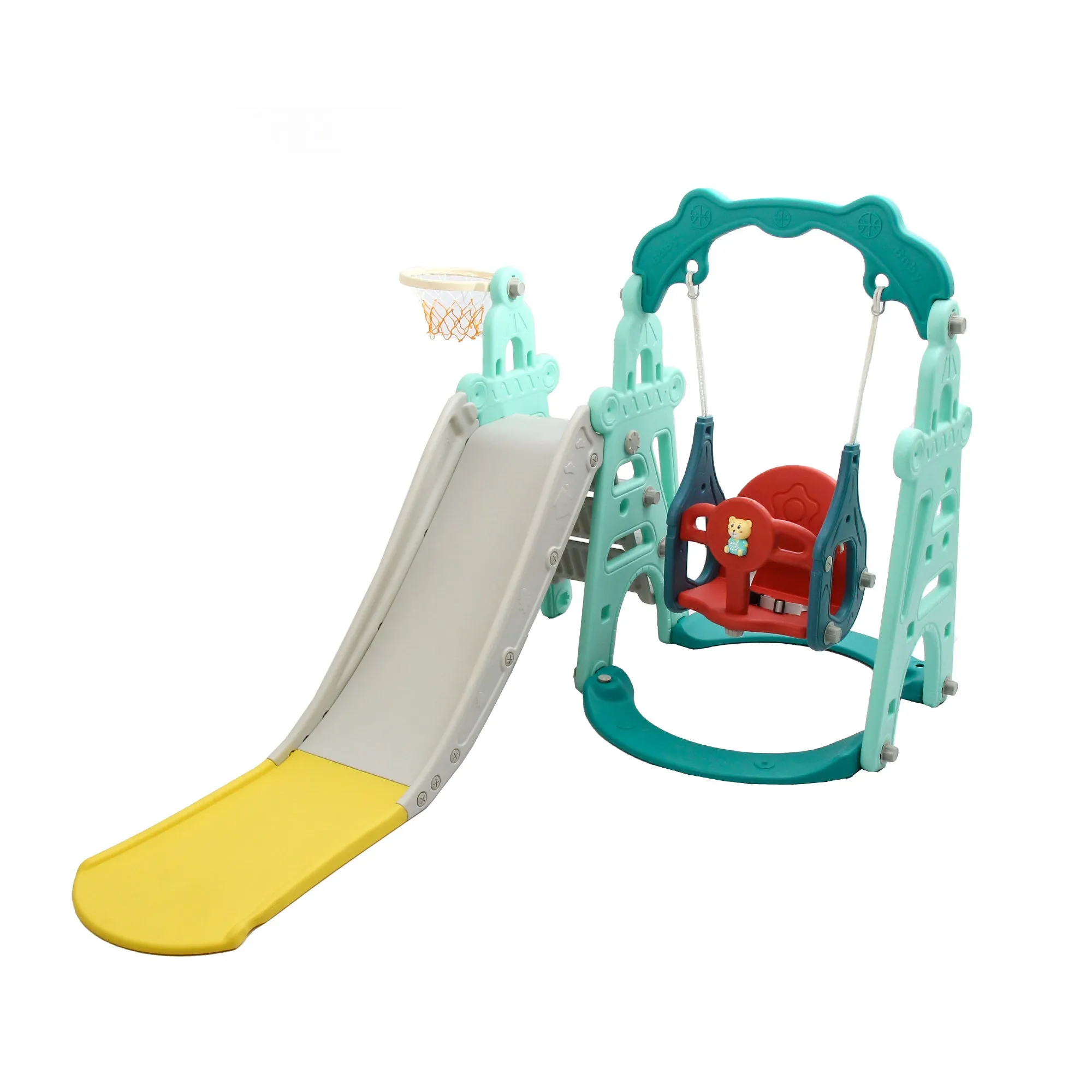 Tower 4 in 1 Kids Slide and Swing Set | Basketball Hoop | Music | Green