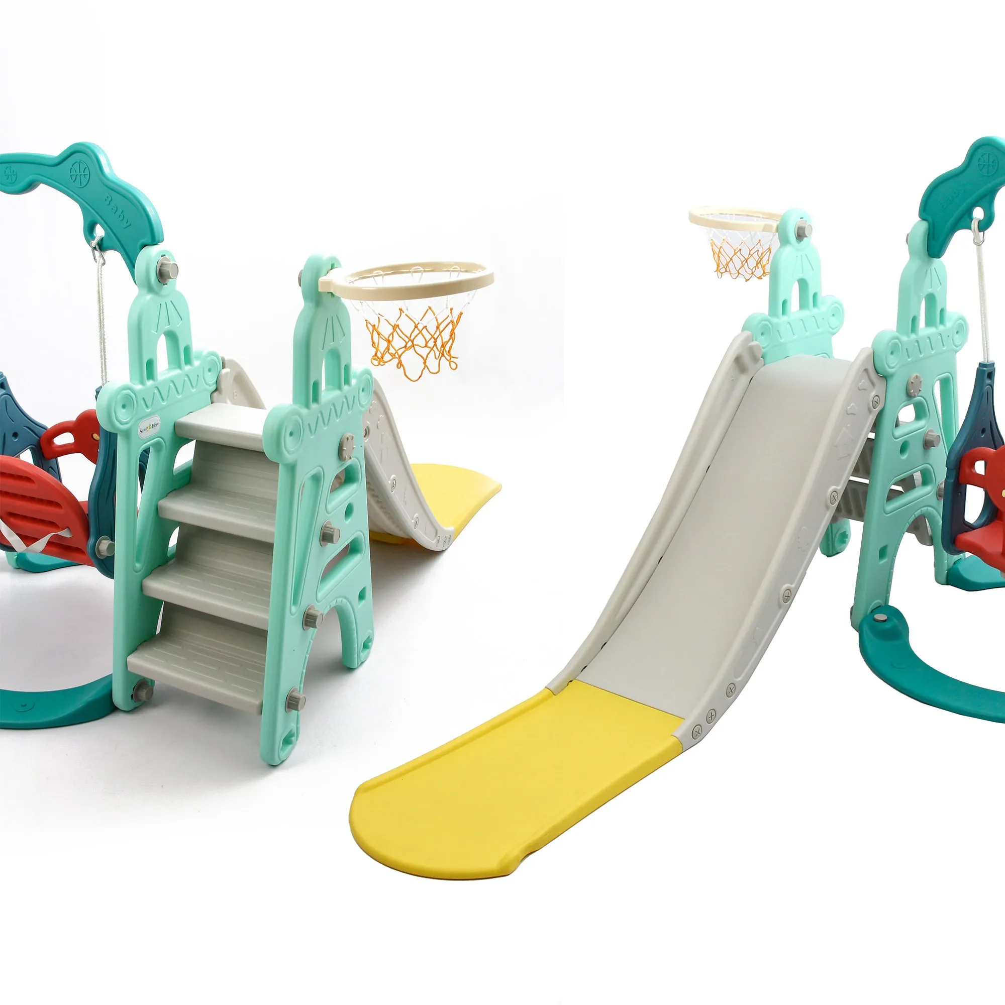 Tower 4 in 1 Kids Slide and Swing Set | Basketball Hoop | Music | Green