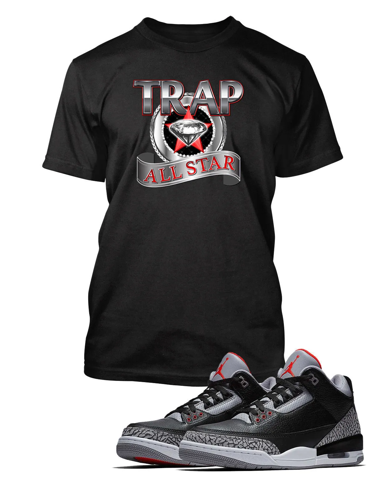 Trap All Star Graphic T Shirt to Match Retro Air Jordan 3 Black Cement Shoe