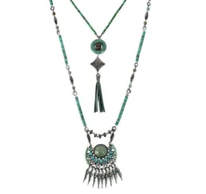 Treska | Two Strand Pendant Necklace with Leather Tassel Turquoise