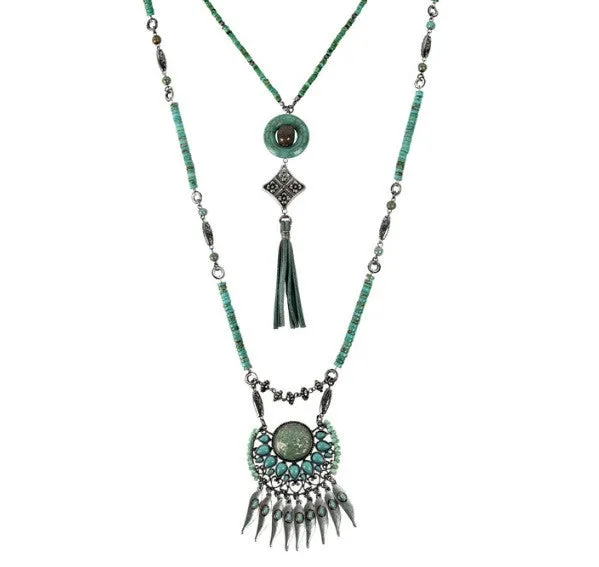 Treska | Two Strand Pendant Necklace with Leather Tassel Turquoise