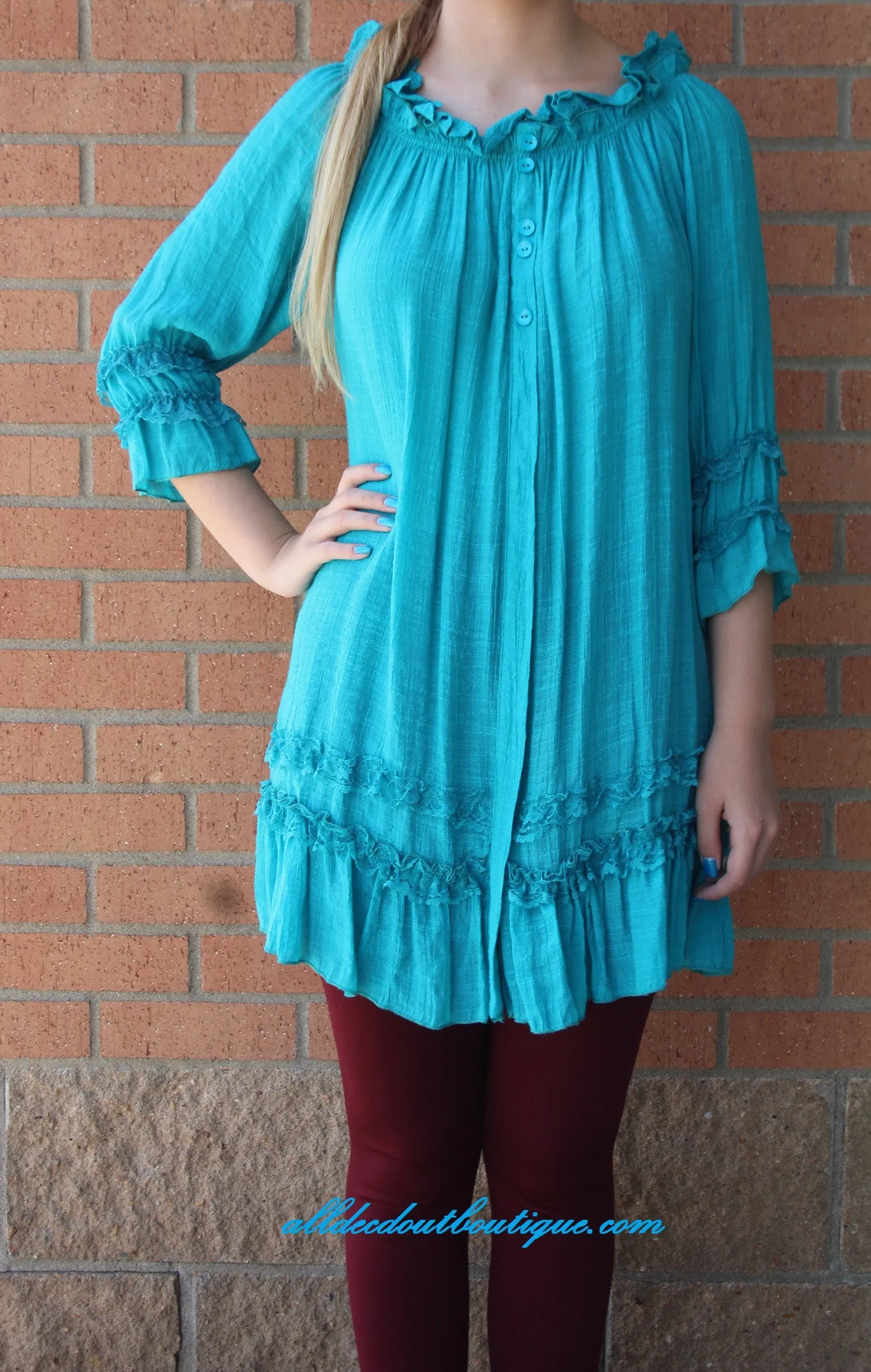 Urban Mango | Turquoise with Ruffle Trimming Blouse