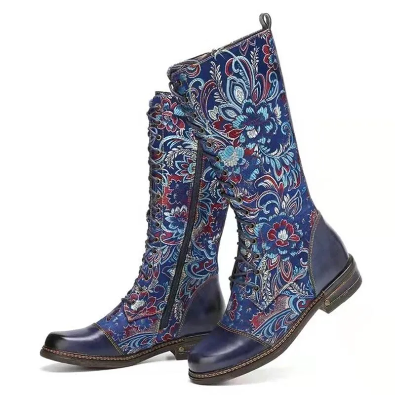 Vintage Style Pretty Fashion PU Zipper Printed Boots For Women