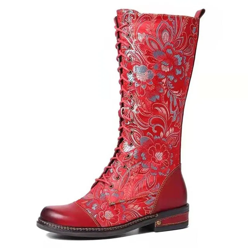 Vintage Style Pretty Fashion PU Zipper Printed Boots For Women