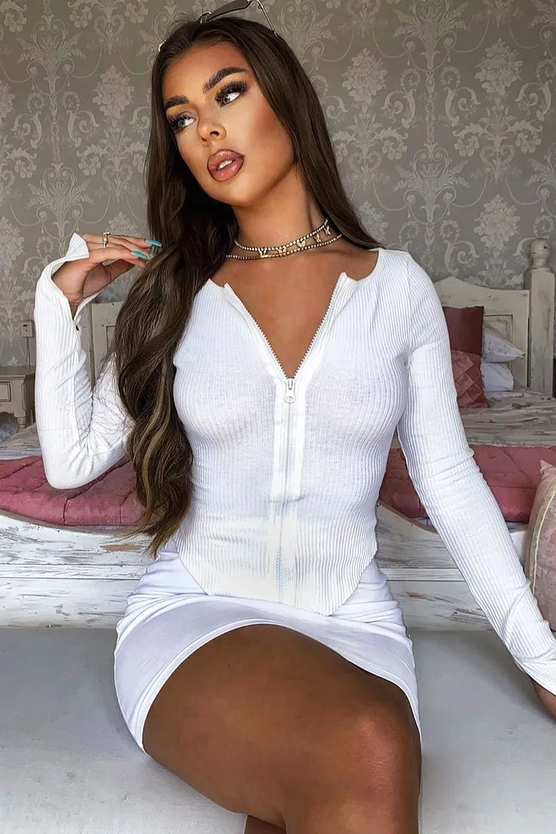 White Ribbed Zip Front Top - Jamoni