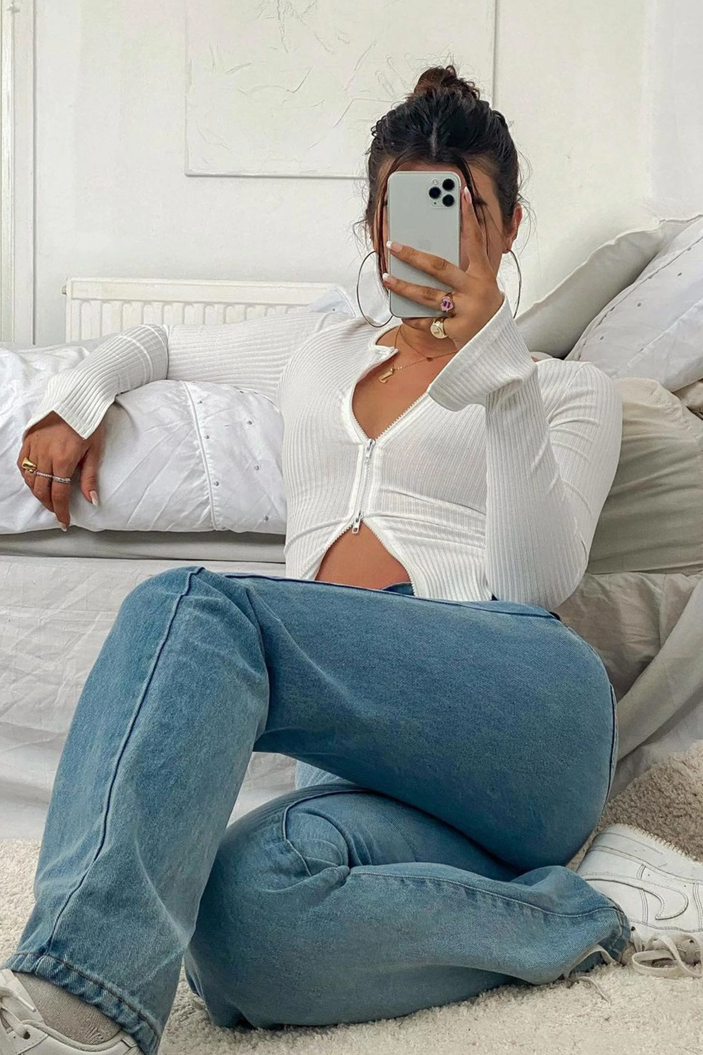 White Ribbed Zip Front Top - Jamoni