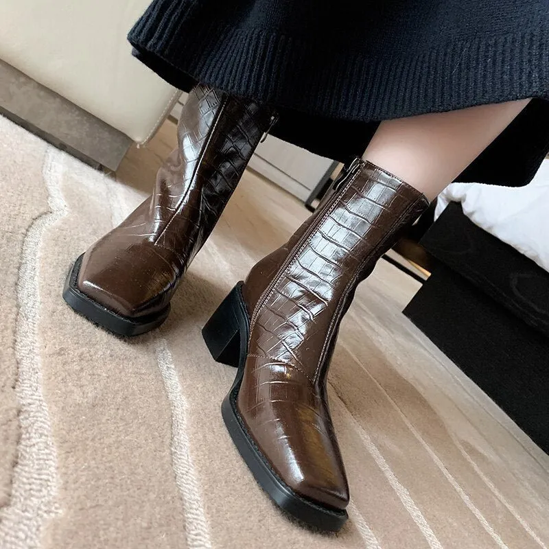 Women cowhide full leather embossed stone pattern boots