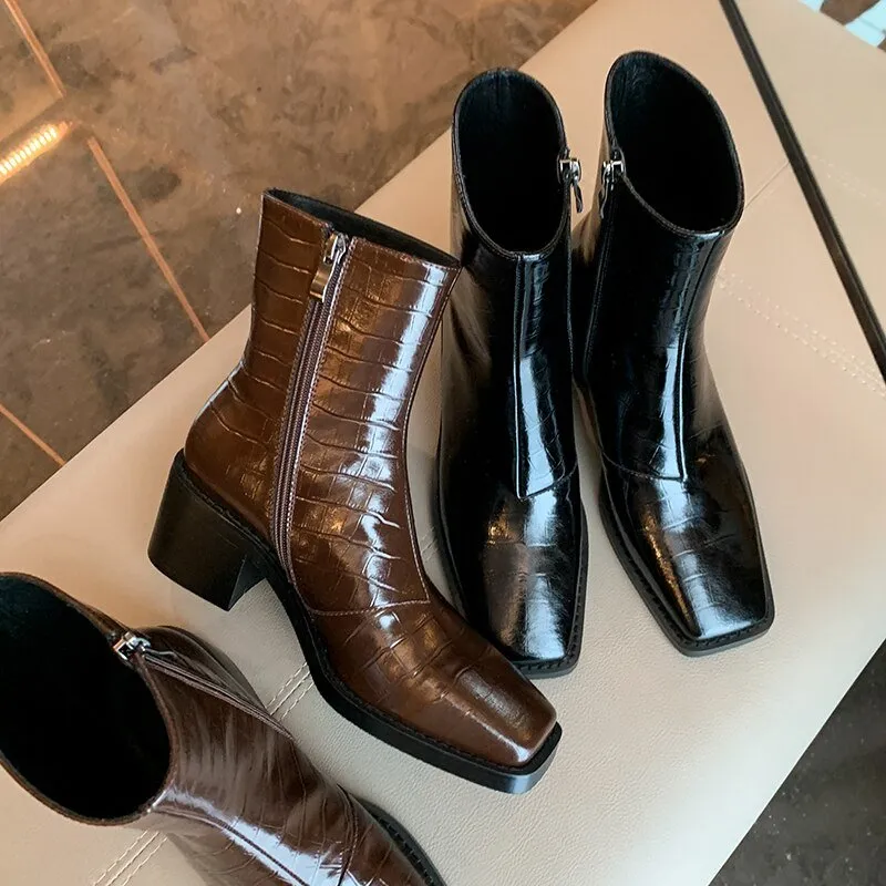 Women cowhide full leather embossed stone pattern boots