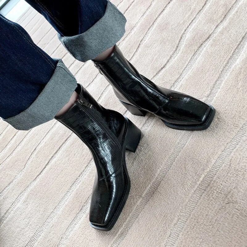 Women cowhide full leather embossed stone pattern boots