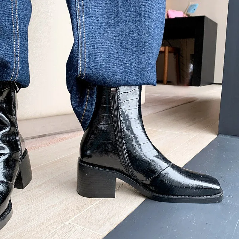 Women cowhide full leather embossed stone pattern boots