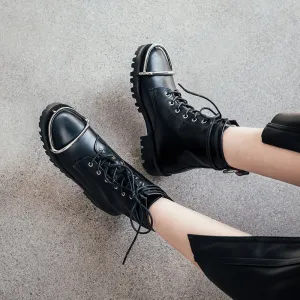 Women cowhide lace up round toe Metal decoration platform boots