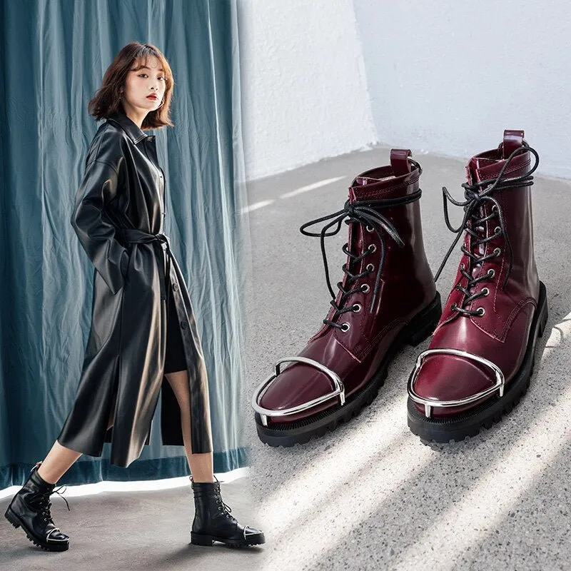 Women cowhide lace up round toe Metal decoration platform boots
