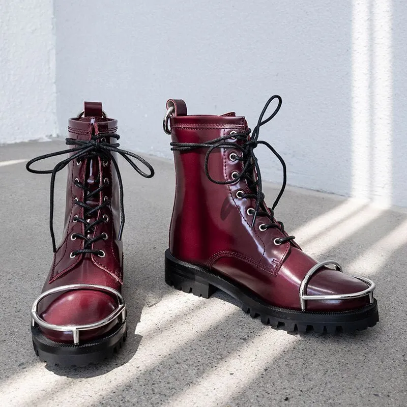 Women cowhide lace up round toe Metal decoration platform boots