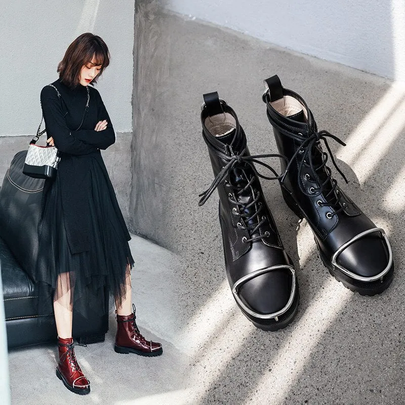 Women cowhide lace up round toe Metal decoration platform boots