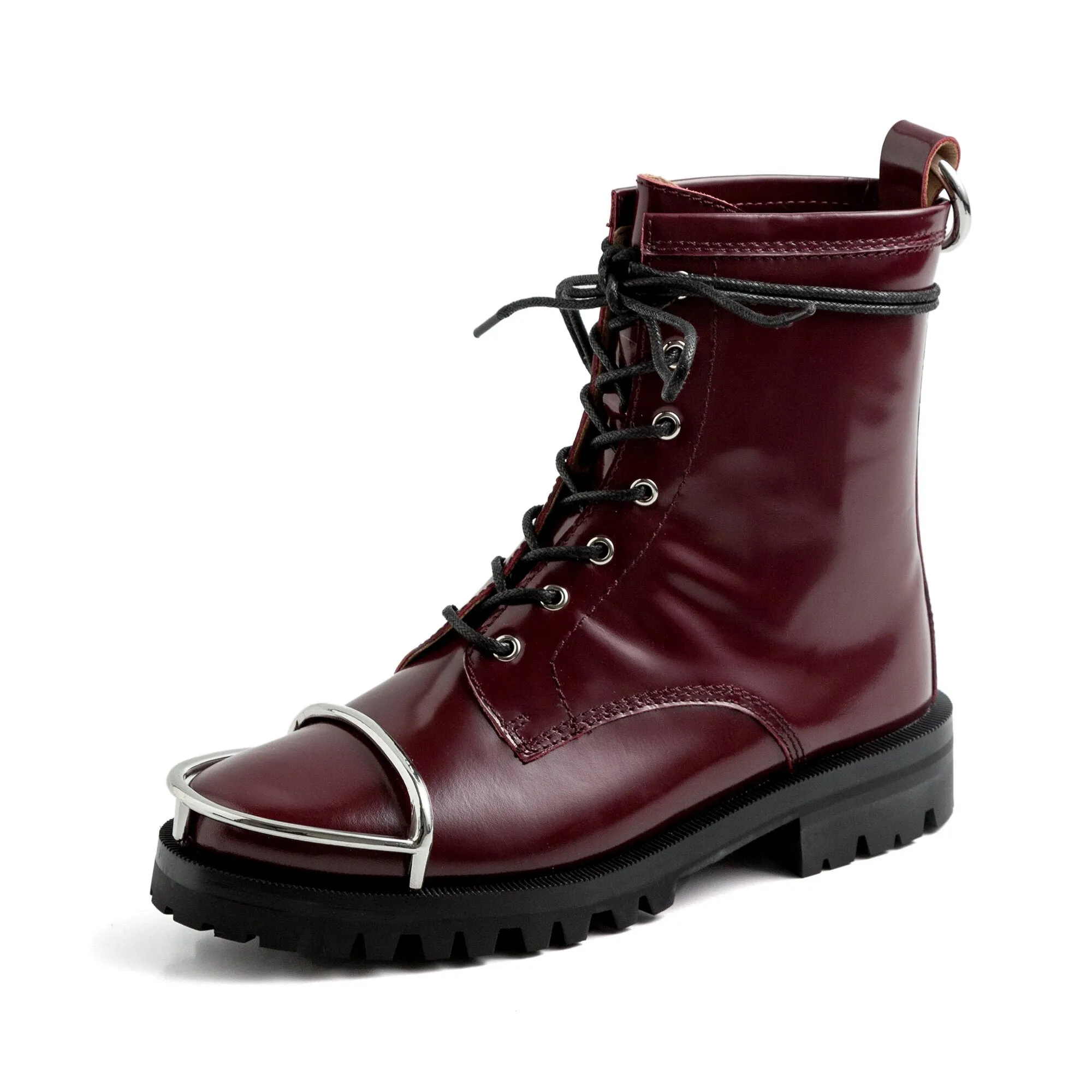 Women cowhide lace up round toe Metal decoration platform boots