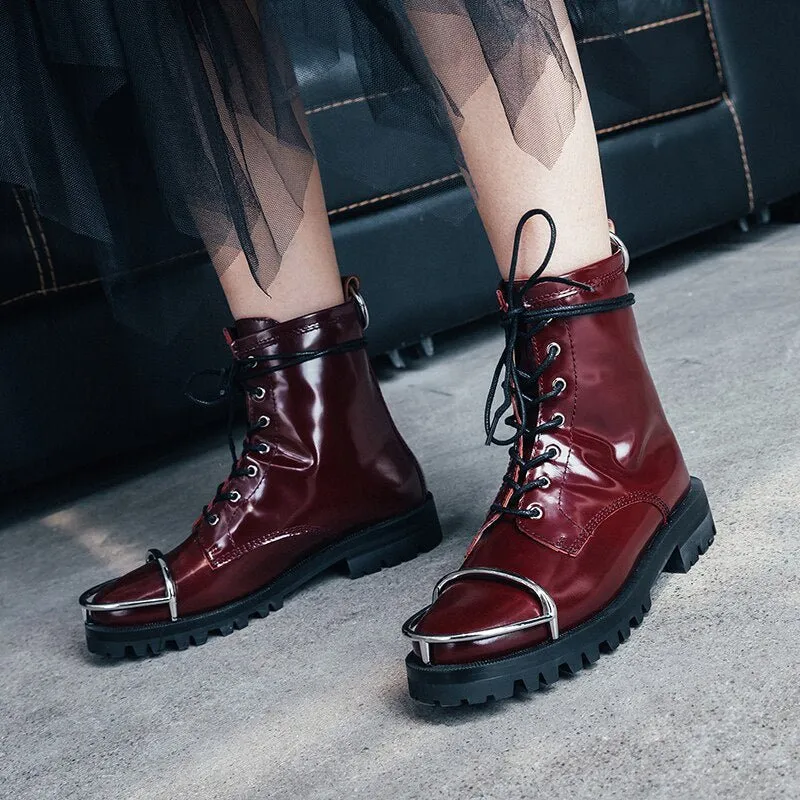 Women cowhide lace up round toe Metal decoration platform boots