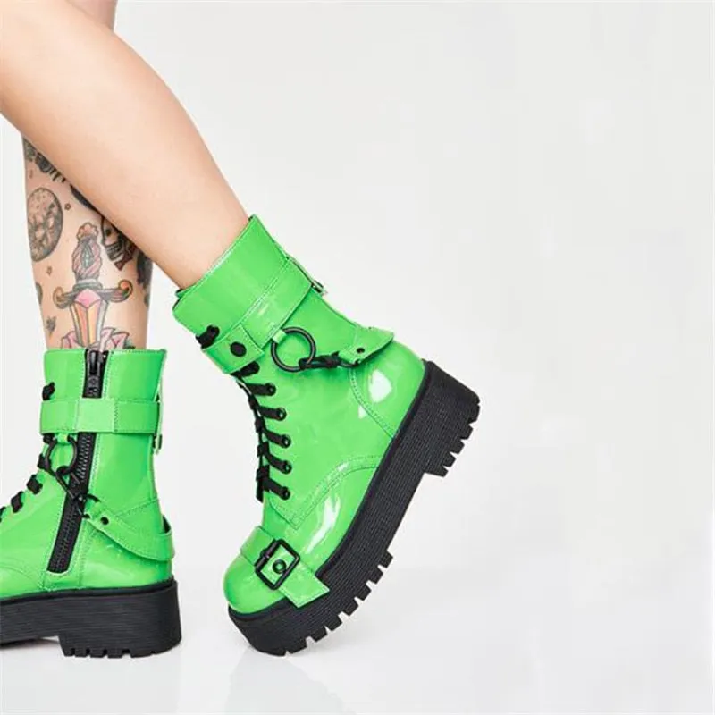 Women Fashion Ankle Boots For Women Night Club Platform Buckle Cross-Tied Shoes Woman High Heels Fluorescent Green Boot