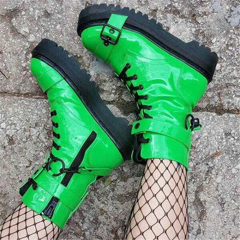 Women Fashion Ankle Boots For Women Night Club Platform Buckle Cross-Tied Shoes Woman High Heels Fluorescent Green Boot