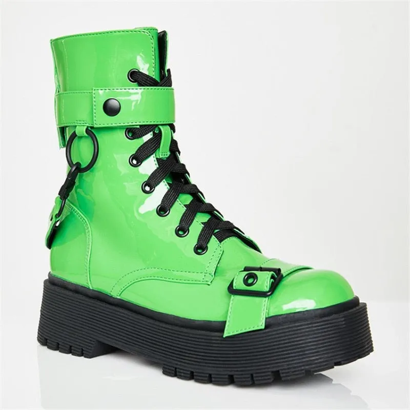 Women Fashion Ankle Boots For Women Night Club Platform Buckle Cross-Tied Shoes Woman High Heels Fluorescent Green Boot