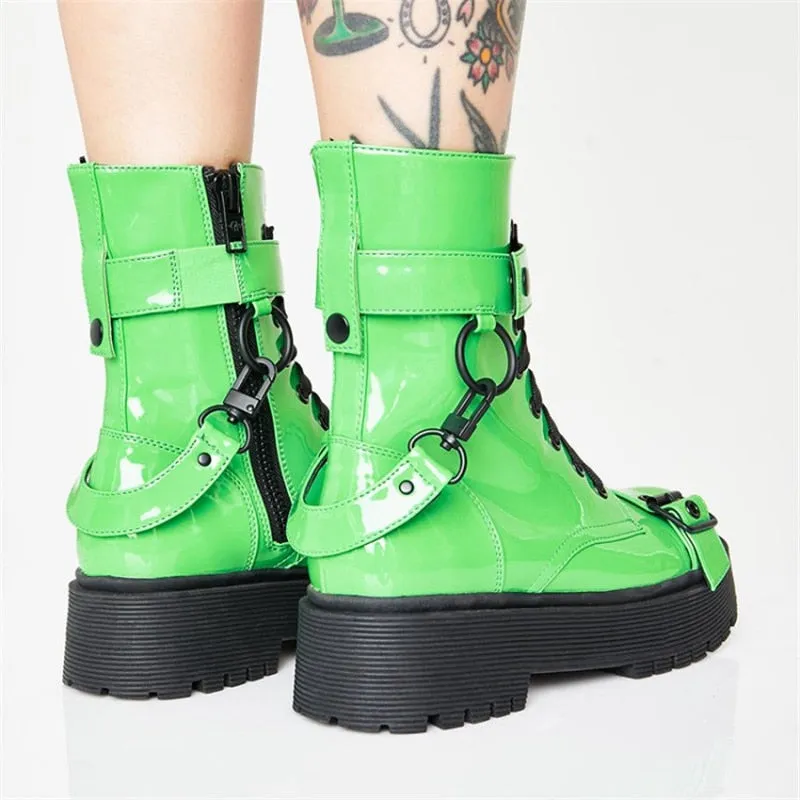 Women Fashion Ankle Boots For Women Night Club Platform Buckle Cross-Tied Shoes Woman High Heels Fluorescent Green Boot