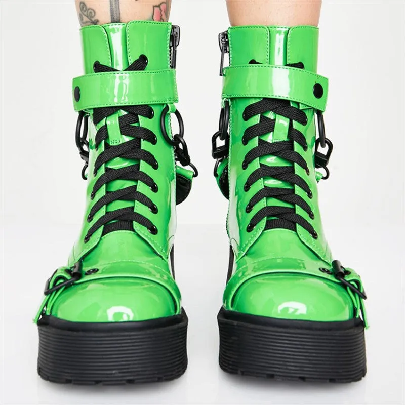 Women Fashion Ankle Boots For Women Night Club Platform Buckle Cross-Tied Shoes Woman High Heels Fluorescent Green Boot