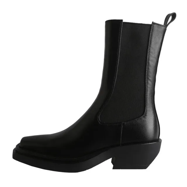 Women Square Toe Chunky Heel Chelsea Boots Real Leather