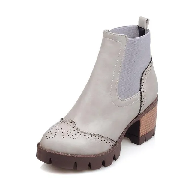 Women's Ankle Boots with Square Heels - Beige /Black/Gray