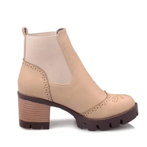 Women's Ankle Boots with Square Heels - Beige /Black/Gray