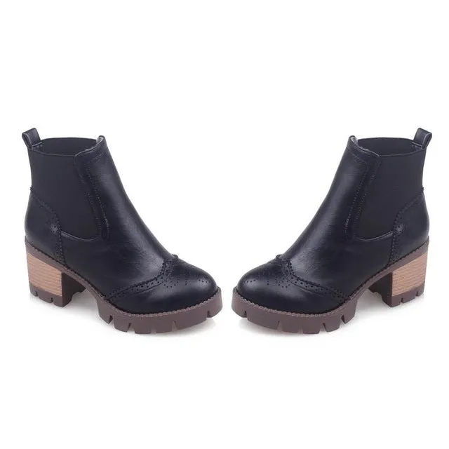 Women's Ankle Boots with Square Heels - Beige /Black/Gray