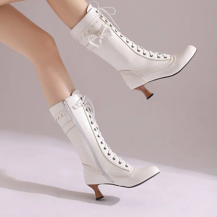 Women's Bows Round Toe Hoof Heel Mid Calf Boots