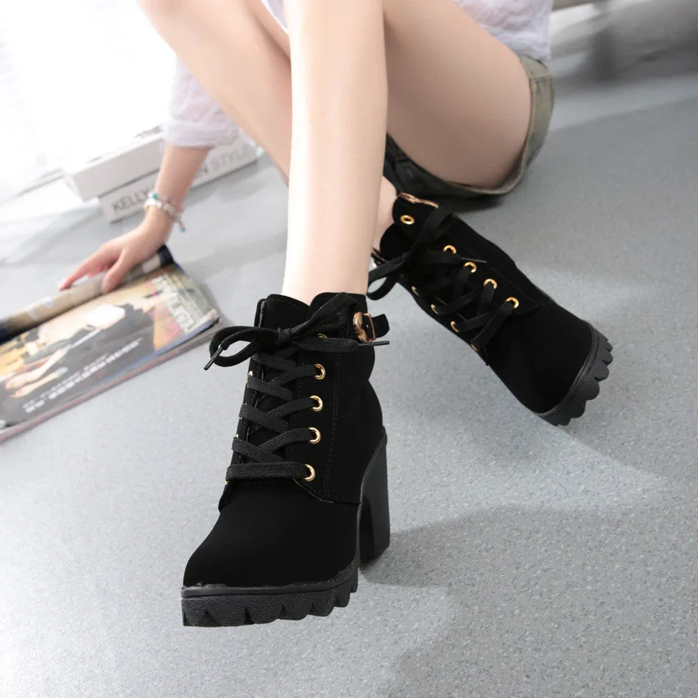 Womens Fashion High Heel Lace Up Ankle Boots
