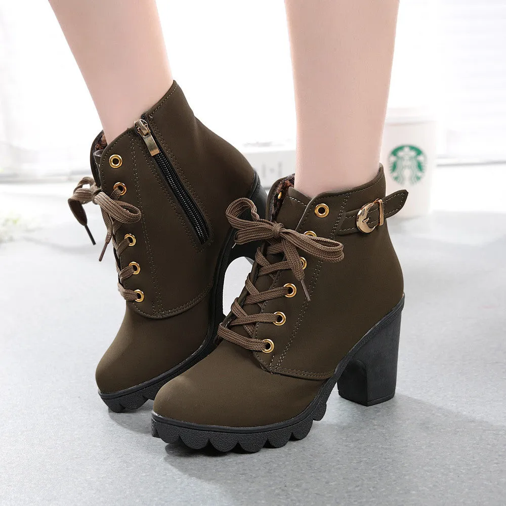 Womens Fashion High Heel Lace Up Ankle Boots
