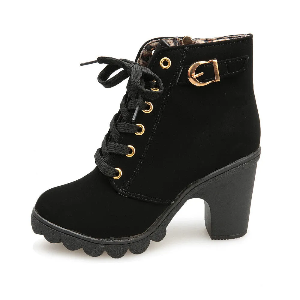 Womens Fashion High Heel Lace Up Ankle Boots
