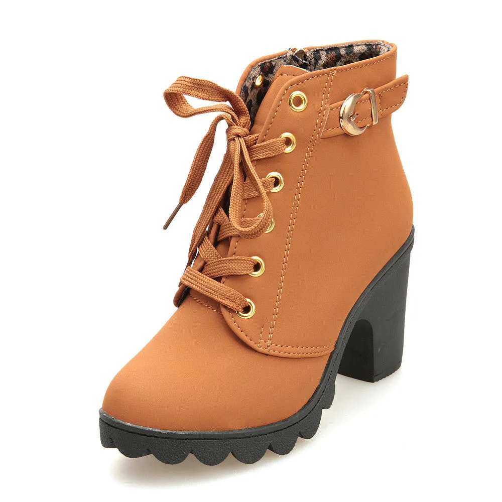 Womens Fashion High Heel Lace Up Ankle Boots