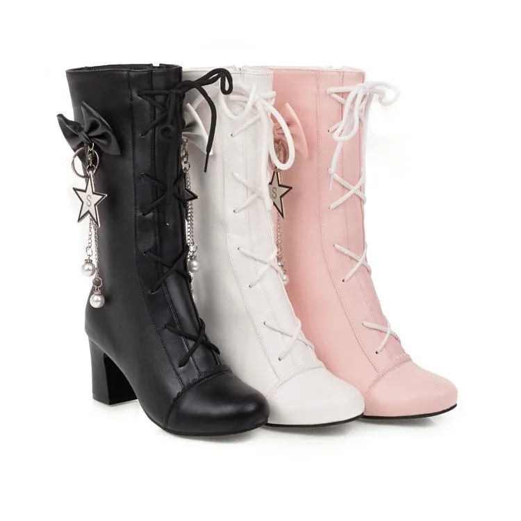 Women's Pu Leather Lace Up Bowtie Stars Tassel Block Heel Mid Calf Boots
