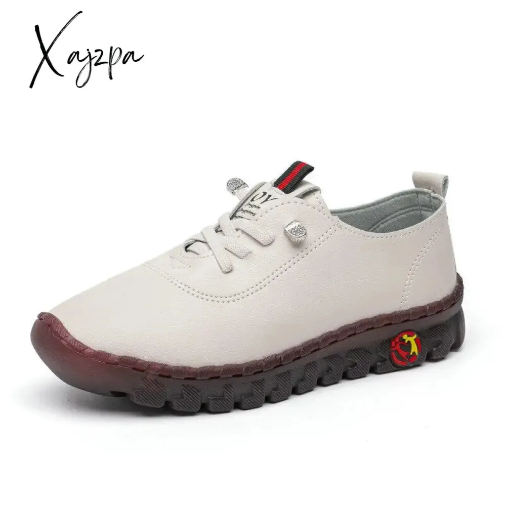 Xajzpa - New Spring Casual Women Shoes Platform Loafers Lace Up Leather Flats Slip-On Mom Shoe Mujer Zapatos Chaussure Femme