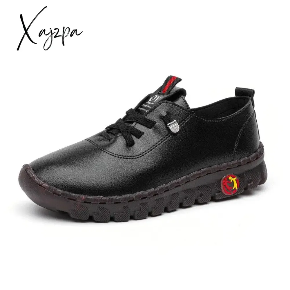 Xajzpa - New Spring Casual Women Shoes Platform Loafers Lace Up Leather Flats Slip-On Mom Shoe Mujer Zapatos Chaussure Femme