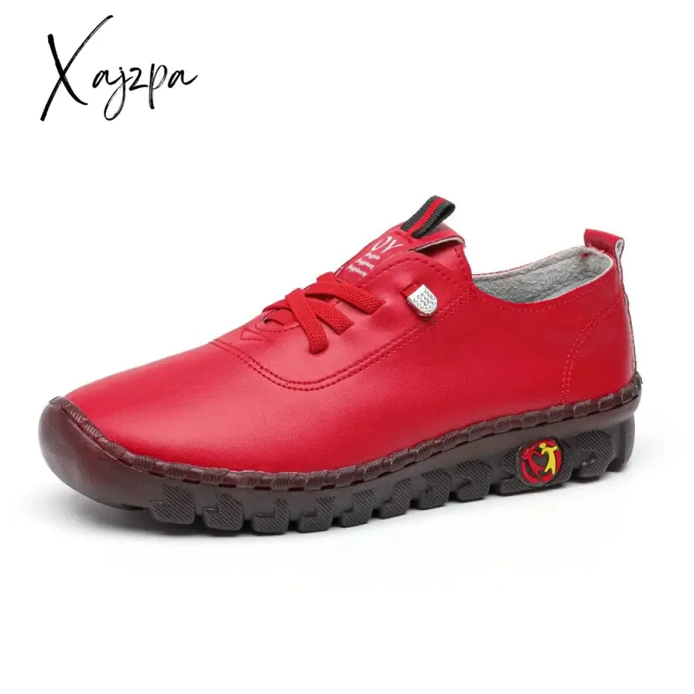 Xajzpa - New Spring Casual Women Shoes Platform Loafers Lace Up Leather Flats Slip-On Mom Shoe Mujer Zapatos Chaussure Femme