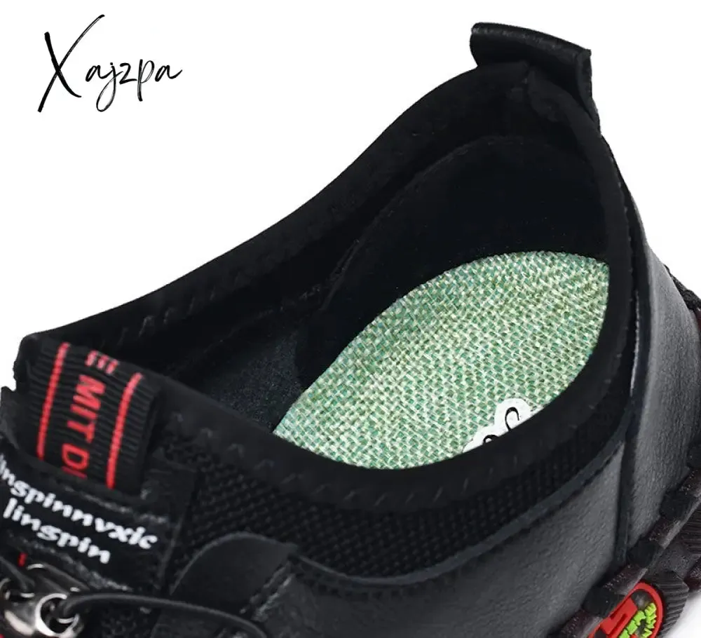Xajzpa - New Spring Casual Women Shoes Platform Loafers Lace Up Leather Flats Slip-On Mom Shoe Mujer Zapatos Chaussure Femme