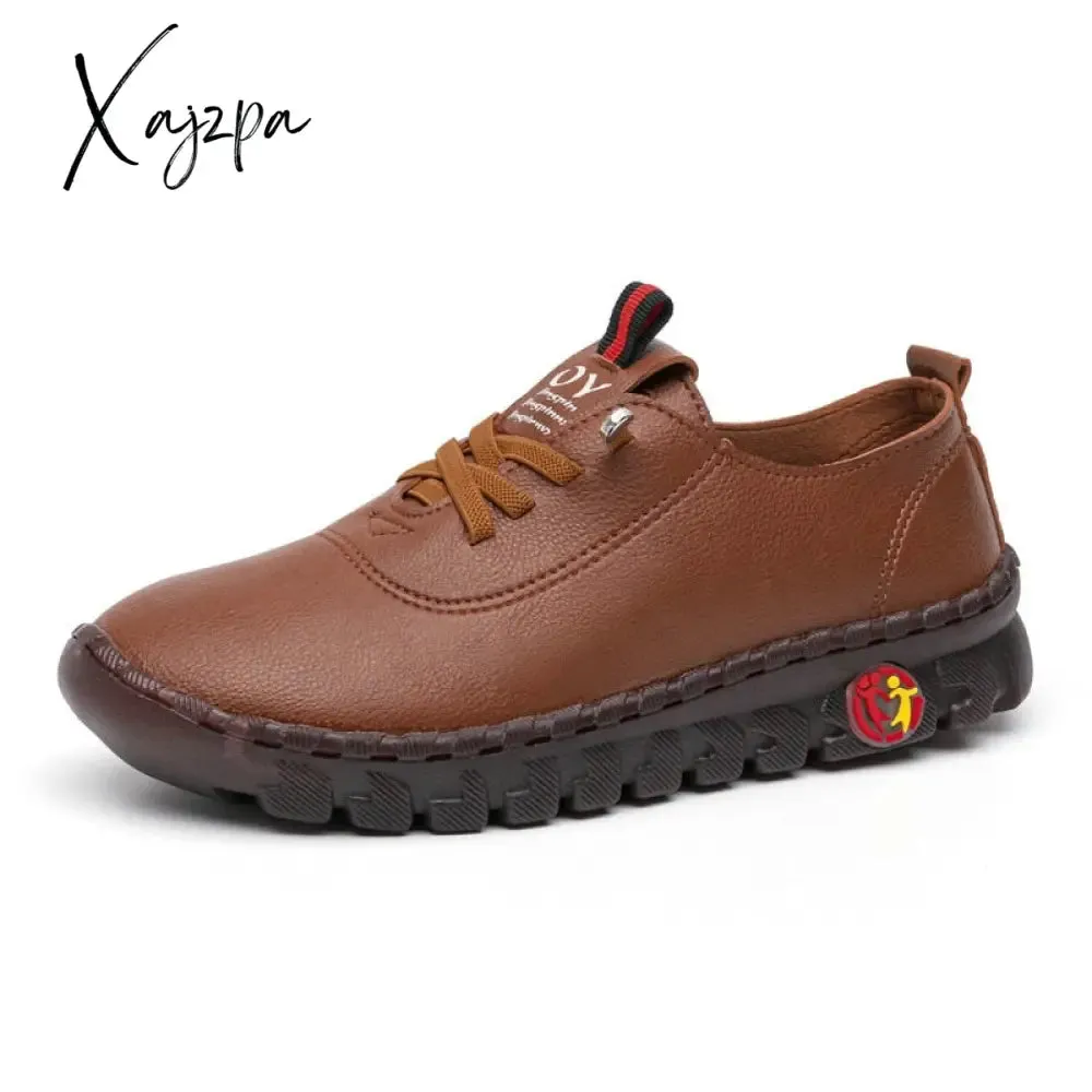 Xajzpa - New Spring Casual Women Shoes Platform Loafers Lace Up Leather Flats Slip-On Mom Shoe Mujer Zapatos Chaussure Femme